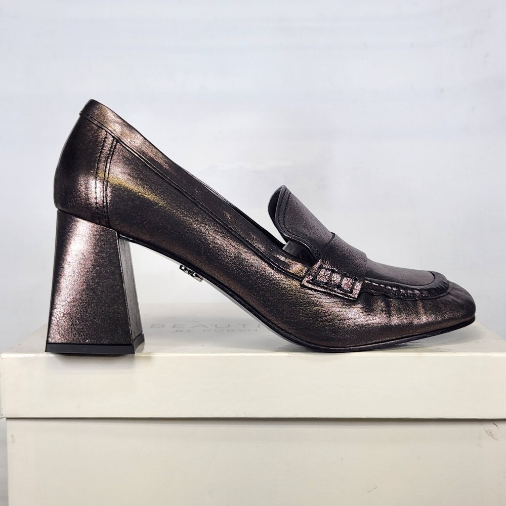 Beautiisoles Loafer Women Size 10 Pewter Metallic Leather Block Heel Square Toe
